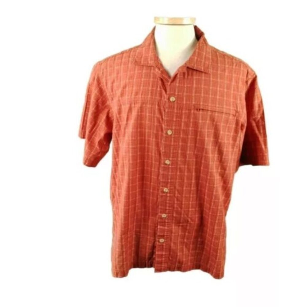 Columbia Large Orange Plaid Cotton Blend Hiking Shirt Short Sleeve.